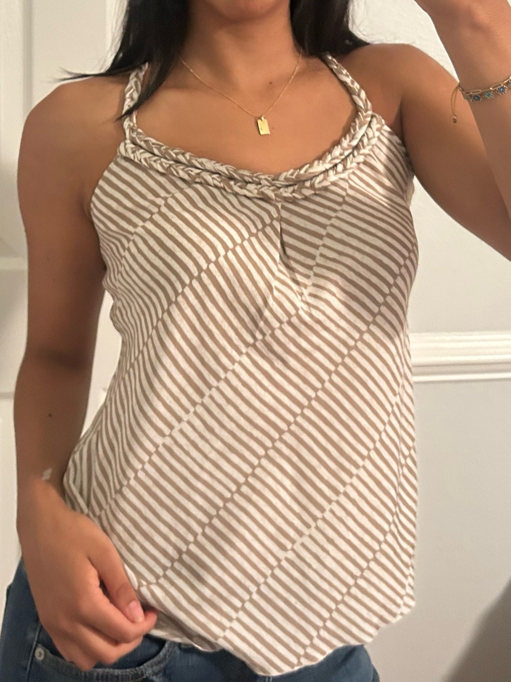 Banana Republic Beige and White Striped Braided Halter Tank